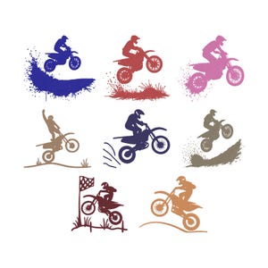 Może przedstawiać: Kolekcja kolorowych sylwetek motocrossowych w różnych pozach akcji. Każdy zawodnik jest przedstawiony na motocyklu terenowym, wykonując skoki i akrobacje. Paleta kolorów obejmuje niebieski, czerwony, różowy, brązowy i pomarańczowy na białym tle.