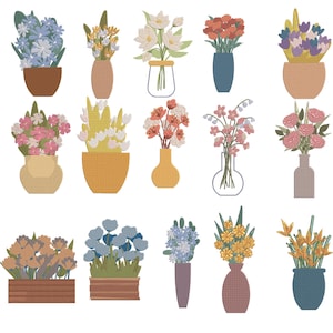 Pode incluir: Uma coleção de arranjos florais bordados em vários vasos e vasos. As flores apresentam uma gama de cores, incluindo azul, amarelo, rosa e laranja. Os vasos e vasos são de diferentes formas e cores.