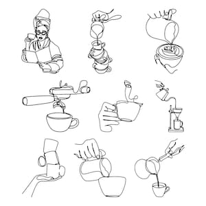 Puede incluir: Ilustración de arte lineal de la preparación del café. La imagen representa varias etapas, incluyendo una persona leyendo, vertiendo y preparando café. Otras imágenes muestran una máquina de café, una mano sosteniendo una taza y una cafetera.