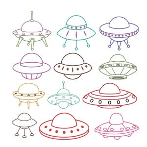 May include: A collection of eleven line art illustrations of unidentified flying objects, or UFOs, depicted in various colors including purple, teal, blue, yellow, and red. Each saucer-shaped craft features distinct details like domes, portholes, and landing gear.