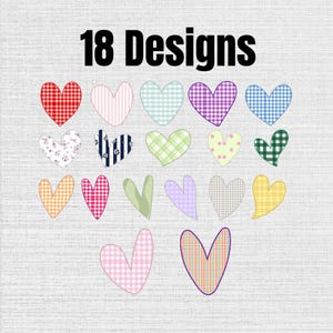 May include: A collection of 18 heart-shaped graphics arranged in rows, featuring various patterns including gingham, stripes, polka dots, floral prints, and solid colors in shades of red, blue, green, yellow, pink, purple, and orange.