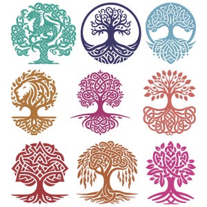 May include: Nine Celtic tree designs in various colors, including teal, purple, and orange. Each tree features intricate knotwork and a unique shape, with some incorporating animal figures like a dragon and a lion. The designs are set against a white background.
