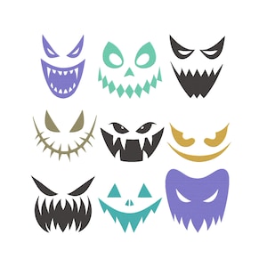 May include: Nine Halloween-themed face designs in various colors, including purple, teal, black, and gold. Each design features different eye and mouth shapes, creating a spooky and festive collection for seasonal decorations or crafts.