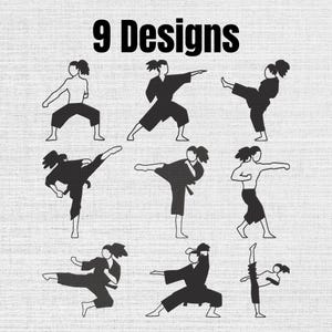 Könnte beinhalten: Eine digitale Grafik mit dem Text 9 Designs am oberen Rand, gefolgt von neun schwarzen Silhouetten-Illustrationen von Personen, die verschiedene Kampfkunstposen wie Tritte, Schläge und Stellungen in einem drei-mal-drei Raster ausführen.
