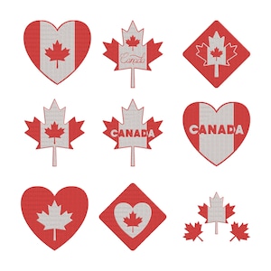 May include: A collection of red and white Canadian-themed designs. The designs include heart shapes, maple leaves, and diamond shapes, all featuring the Canadian flag's maple leaf emblem. Some designs include the word "Canada".