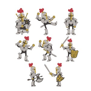 May include: Embroidered knight designs in different poses. Each knight is in silver armour with a gold helmet, red plume, and black details. Some knights are holding weapons such as swords, axes, and maces.
