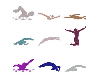 Disegno per ricamo a silhouette di nuotatore, file per ricamo a macchina di sport acquatici, download immediato