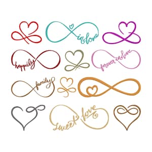 Puede incluir: Una colección de símbolos de infinito con diseños de corazón en varios colores. Algunos símbolos incluyen las palabras "in love", "happily", "family", "forever in love" y "sweet love". Los diseños son en rojo, turquesa, morado, marrón, dorado y gris.