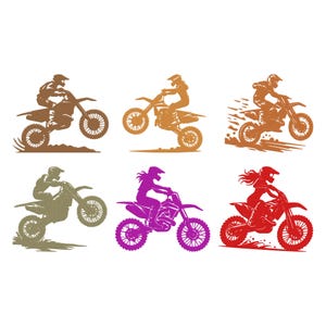Puede incluir: Seis ilustraciones coloridas de pilotos de motocross en motos. Las imágenes muestran a los pilotos en varias poses, incluyendo saltos y carreras. La paleta de colores incluye marrón, naranja, verde, morado y rojo, cada imagen con un esquema de color diferente.