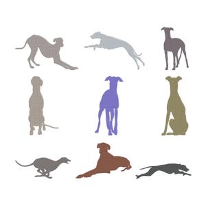 May include: Nine embroidered dog silhouettes in various poses, including standing, leaping, and resting. The dogs are in shades of gray, brown, purple, and green against a white background. The image showcases a variety of dog breeds.