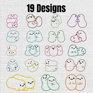 Può includere: Una collezione di 19 disegni con semplici illustrazioni a linee di piccoli personaggi sorridenti a forma di fagiolo in varie pose e colori. Il testo 19 Designs è visualizzato in alto in un carattere nero, grassetto e senza grazie.