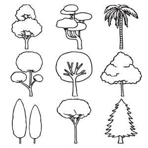 May include: A collection of nine black and white line art illustrations of various tree species, including a palm tree, a coniferous tree, and several deciduous trees with distinct canopy shapes, arranged in a three-by-three grid format.