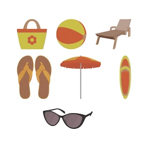 以下が含まれることがあります： 黄色とオレンジ色のビーチバッグ、ビーチボール、サンラウンジャー、ビーチサンダル、ビーチパラソル、サーフボード、黒いサングラスなど、ビーチをテーマにしたアイテムのコレクション。 アイテムは漫画のスタイルです。