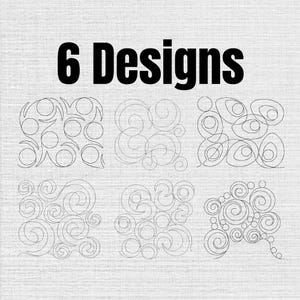 Peut inclure: Un graphique numérique présentant le texte 6 Designs en lettres noires grasses au-dessus de six panneaux carrés distincts. Chaque panneau contient un motif unique en lignes noires composé de boucles, de spirales et de formes circulaires continues.