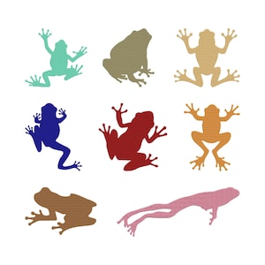 May include: Nine colorful frog silhouettes in shades of blue, green, red, brown, pink, and yellow-orange are arranged on a white background. The frogs vary in pose, with some appearing to be jumping or crawling. The image is suitable for crafts or educational materials.