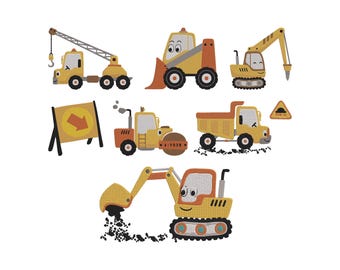 Paquete de bordado a máquina de vehículos de construcción, juego de 7, bordado de excavadora, descarga instantánea