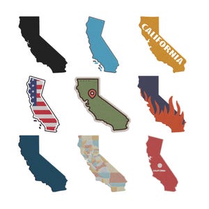 Puede incluir: Nueve parches coloridos en forma de California. Los parches incluyen una silueta negra, un contorno azul con olas, un parche amarillo con el texto "CALIFORNIA", un parche con el diseño de la bandera estadounidense, un parche verde con un marcador de ubicación rojo, un parche con llamas, un parche azul oscuro, un parche con secciones de diferentes colores y un parche rojo con el texto "CALIFORNIA".