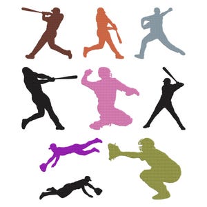 May include: A collection of baseball-themed silhouettes in various colors, including brown, orange, blue, black, pink, purple, and green. The silhouettes depict players in action, such as batting, pitching, and fielding. The image is set against a white background.