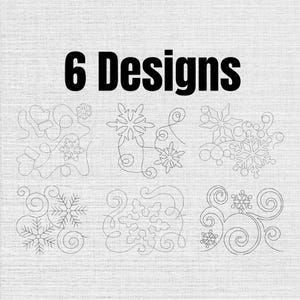 Peut inclure: Un graphique numérique présentant le texte 6 Designs en lettres noires grasses au-dessus de six motifs en traits distincts. Chaque motif affiche une combinaison de flocons de neige, de lignes tourbillonnantes et de moufles en traits noirs fins.