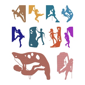 Op de afbeelding: Een verzameling kleurrijke klimsilhouetten. De afbeeldingen tonen klimmers in verschillende poses, die getextureerde rotswanden beklimmen. Het kleurenpalet omvat tinten bruin, geel, blauw, groen, oranje en paars, wat een dynamisch en aantrekkelijk beeld creëert.