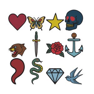 Könnte beinhalten: Eine Sammlung bunter, gestickter Aufnäher mit klassischen Tattoo-Designs. Enthält ein rotes Herz, einen Schmetterling, einen Stern, einen blauen Totenkopf, einen Panther, einen Dolch, eine Rose, einen Anker, einen Tropfen, eine Schlange, einen Diamanten und einen blauen Vogel.