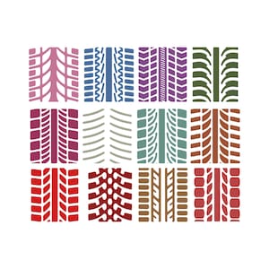 May include: Sixteen different tire tread patterns in a grid arrangement. The designs are in various colours, including pink, blue, purple, green, red, and brown. The patterns are suitable for automotive or crafting projects, and are arranged in four rows of four.