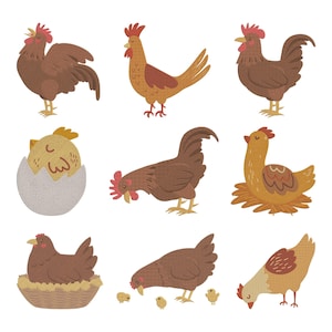 May include: A collection of nine cartoon illustrations of chickens and chicks in various poses. The chickens are brown, yellow, and orange with red combs. One chick is hatching from an egg, and others are with a hen.