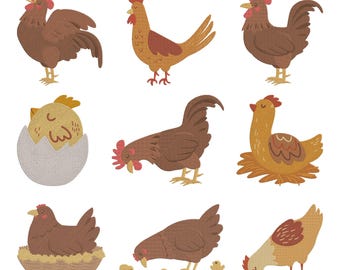 Farm Chicken Machine Embroidery Bundle, Set of 9, Hen Rooster Embroidery Instant Download