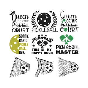 May include: A collection of pickleball-themed graphics in black and green. Designs include text like "Queen of the Pickleball Court," pickleball paddles, and a pickleball ball inside a net. The image is on a white background.