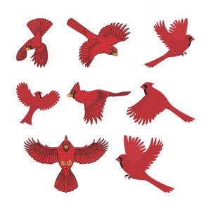 May include: A collection of red cardinal bird illustrations in various flying poses. Each bird is depicted with detailed wings, a yellow beak, and a black mask around the eyes. The birds are set against a white background.