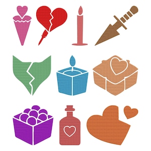 Puede incluir: Una colección de ilustraciones coloridas y estilizadas con varias formas y símbolos. Incluye un corazón roto, una vela, una daga, una caja con un corazón, una botella con un corazón y otros diseños con temática de corazón.