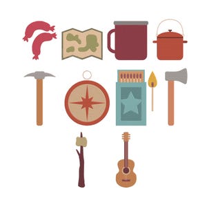Paquete de diseños de bordado con imágenes prediseñadas de elementos de camping, archivo de bordado a máquina de aventura de fogata, descarga instantánea, 7 tamaños.