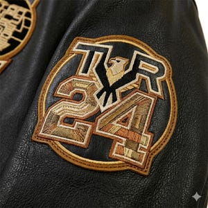 Puede incluir: Primer plano de una chaqueta de cuero negro con parches bordados. El parche principal muestra el n&uacute;mero "24" y las letras "T R" con un dise&ntilde;o de &aacute;guila, en marr&oacute;n, dorado y negro. La chaqueta tiene una textura.