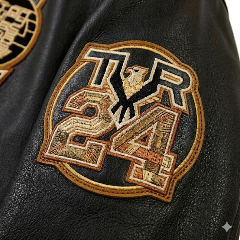 Puede incluir: Primer plano de una chaqueta de cuero negro con parches bordados. El parche principal muestra el n&uacute;mero "24" y las letras "T R" con un dise&ntilde;o de &aacute;guila, en marr&oacute;n, dorado y negro. La chaqueta tiene una textura.