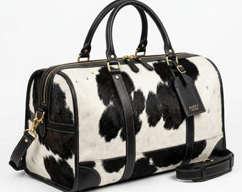 Bolsa de lona de 20 pulgadas, de cuero negro con pelo / Bolsa de fin de semana, hecha a mano, de lujo, para gimnasio, con estampado de vaca estilo western.
