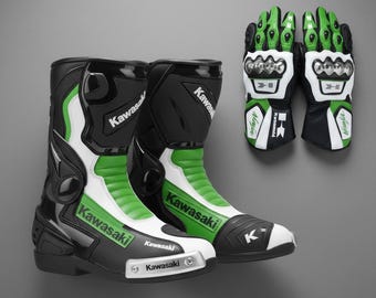 Handmade Kawasaki Ninja Leather Racing Boots & Gloves Set