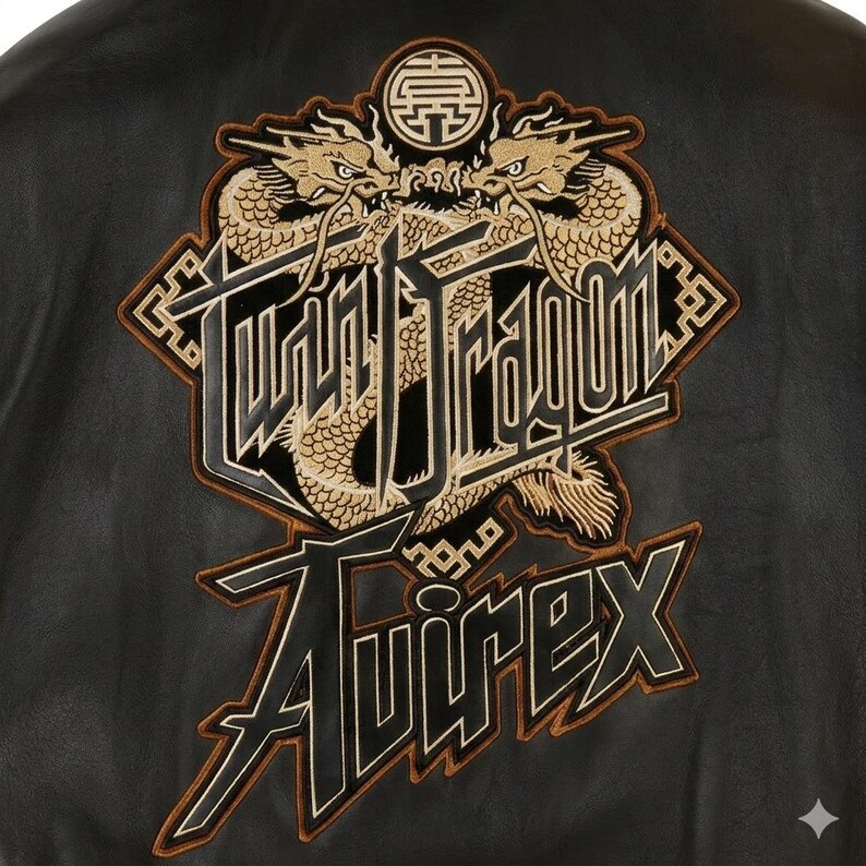 Puede incluir: Chaqueta de cuero negro con un gran parche bordado. El parche presenta dos dragones dorados, el texto "Wild Dragon" y el nombre de la marca "Avirex". El dise&ntilde;o est&aacute; delineado en marr&oacute;n, creando un contraste llamativo.
