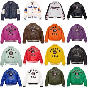 May include: A collection of leather bomber jackets in various colors, including navy, white, black, pink, brown, orange, purple, mint green, red, yellow, and green. Each jacket features the "Avirex" logo and "USA" text.