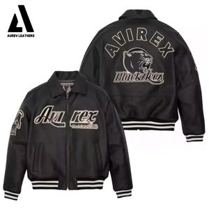 May include: Black leather jacket with white embroidered text and a panther graphic. The jacket features the text "Avirex Black Aces" on the front and back, with white stripes on the cuffs and hem. The Aurev Leathers logo is in the top left corner.