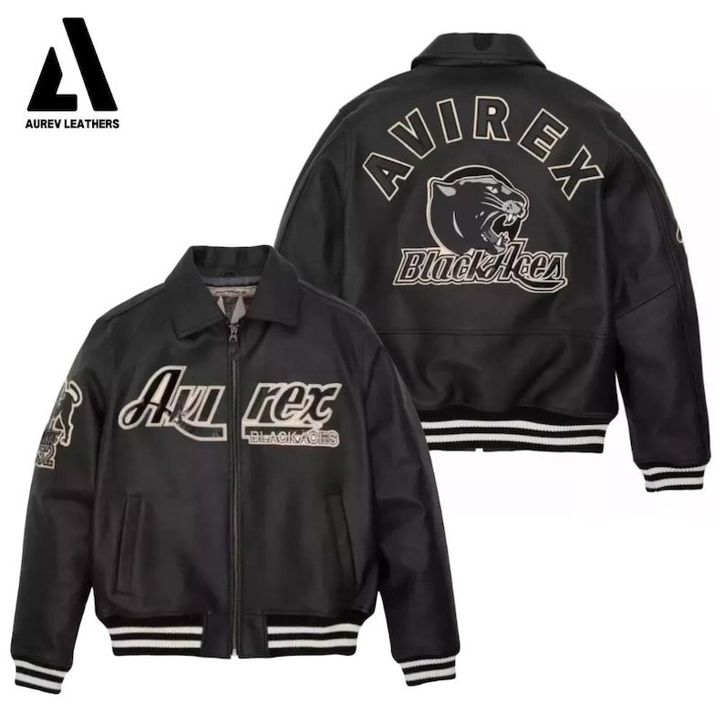 May include: Black leather jacket with white embroidered text and a panther graphic. The jacket features the text "Avirex Black Aces" on the front and back, with white stripes on the cuffs and hem. The Aurev Leathers logo is in the top left corner.