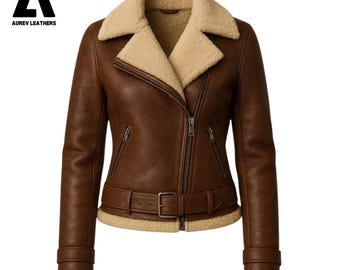 Chaqueta de aviador de piel de oveja hecha a mano / Cuello de piel de oveja color crema