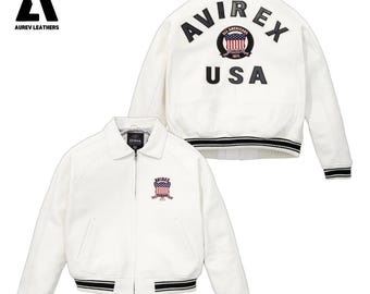 Handgemaakt wit rundleer bomberjack – retro pilotenstijl