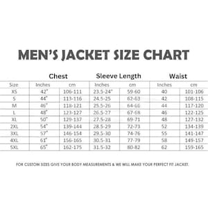 May include: A size chart for men's jackets, displaying chest, sleeve length, and waist measurements in inches and centimeters. Sizes range from XS to 5XL, with corresponding measurements for each size. The chart includes a note about custom sizes.