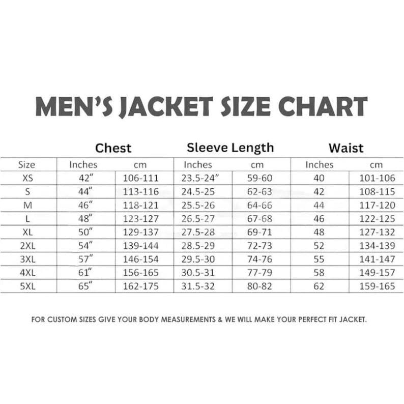 May include: A size chart for men's jackets, displaying chest, sleeve length, and waist measurements in inches and centimeters. Sizes range from XS to 5XL, with corresponding measurements for each size. The chart includes a note about custom sizes.