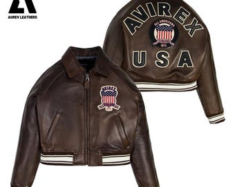 Handmade Avirex Vintage Cowhide Cropped Bomber Jacket – Retro Logo