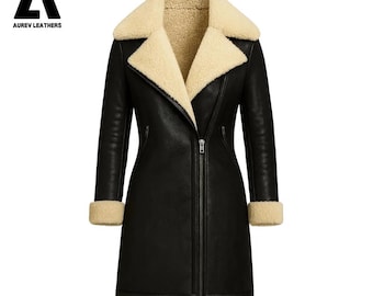 Chaqueta de piel de oveja negra para mujer / Abrigo de motociclista con forro de piel / Abrigo de aviador de invierno hecho a mano
