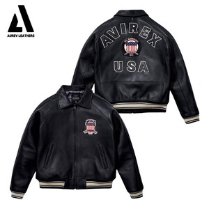 May include: Black leather jacket with a classic collar and a zip-up front. Features the text "AVIREX" and "USA" on the back, along with a patch on the chest. The jacket has white and beige striped trim on the cuffs and hem.