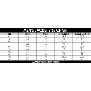 Puede incluir: Una tabla de tallas de chaquetas para hombre en blanco y negro. La tabla incluye tallas XS a 6XL, con medidas de pecho, cintura, hombros y largo de manga en pulgadas. El texto "ALL MEASUREMENTS IN INCHES" est&aacute; en la parte inferior.