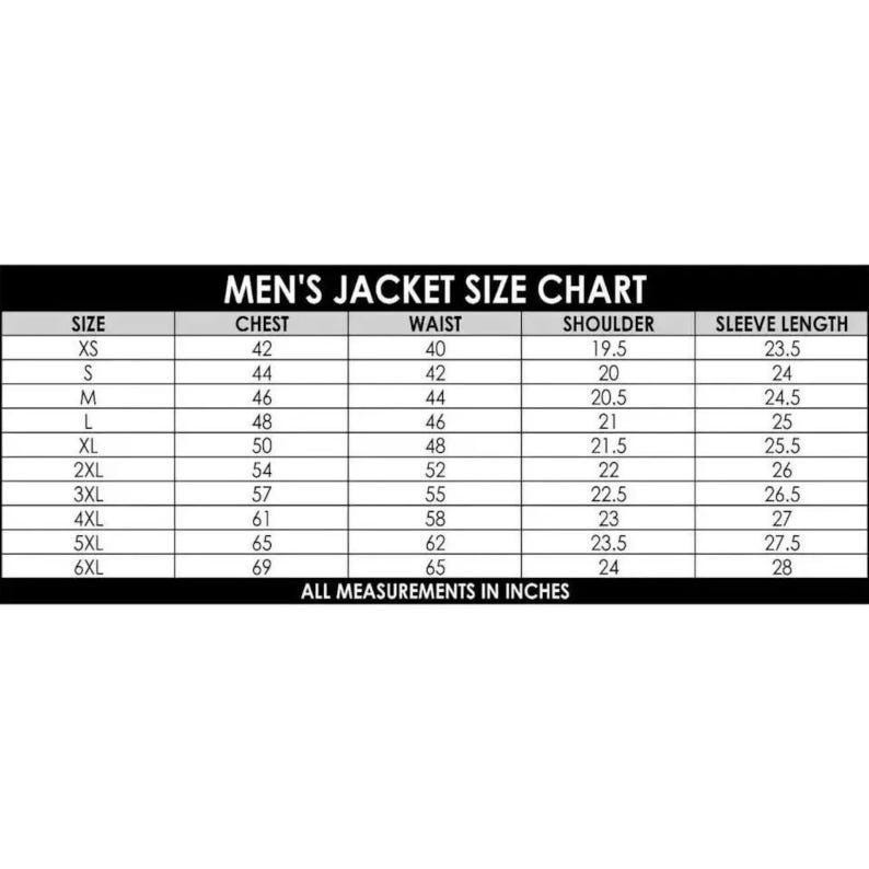 Puede incluir: Una tabla de tallas de chaquetas para hombre en blanco y negro. La tabla incluye tallas XS a 6XL, con medidas de pecho, cintura, hombros y largo de manga en pulgadas. El texto "ALL MEASUREMENTS IN INCHES" est&aacute; en la parte inferior.