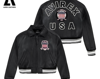 Chaqueta corta Avirex de piel de vaca negra – Bomber militar vintage para mujer